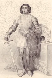 Porträtt av Filip av Artois, greve av Eu (1358-1397), gravyr, 20x13 cm, från Galerie Historique de Versailles, Histoire de France, Charles Gavard Publisher, Paris, cirka 1840