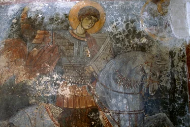 St George, fresk av Ioannis Pagomenos i kyrkan Agios Georgios, Anidri, Kreta, Grekland