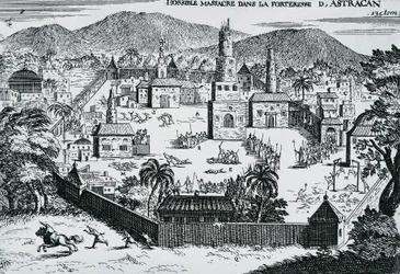 Kosackerna ledda av Stepan Razin attackerade Astrakhan fästning 1670, Ryssland