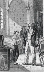 Dauphinen Louis Charles och hans vårdare Antoine Simon i tempelfängelset, gravyr av Philippoteaux och Girardet, Franska revolutionen, Frankrike