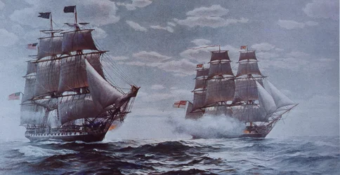 USS Constitution och HMS Java (färg litho)