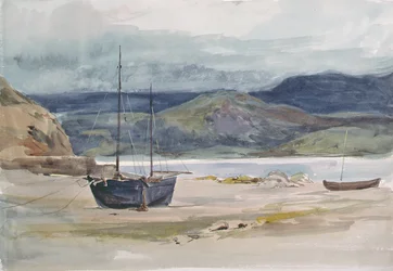Kullig kustscen med båtar, 1800-tal