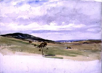 Landskap med väderkvarn och by, 1800-tal