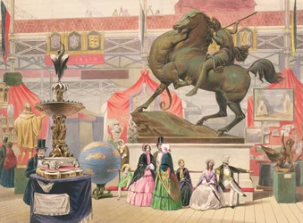 Utsikt över Kristallpalatsets östra skepp med skulptur (Amazonas) (färgad litho)
