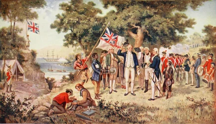 Kapten Cook tar New South Wales i besittning, 1770, illustration ur ”Hutchinsons historia om den brittiska nationen”, cirka 1923