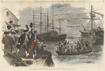 Boston Tea Party? Förstörelse av teet i Boston Harbor, 16 december 1773, från puben Ballous Pictorial Drawing-Room Companion. 1865 (färggravyr)