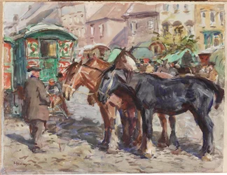 Svart häst med hus i bakgrunden (penna och wc på papper)