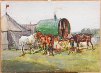 Tre hästar och en husvagn med grönt tak (penna och wc på papper)