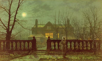 En dam i en trädgård vid månsken, 1882