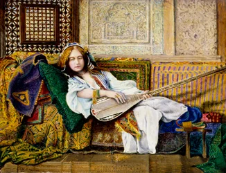 "Vid haremet" Orientalisk kvinna liggande på en soffa med cistrum (luta) i handen. Målning av John Atkinson Grimshaw (1836-1893)