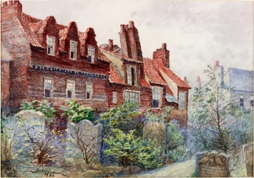 Husen på Silver Street från All Saints Churchyard, Newcastle upon Tyne, 1886, bodycolour, penna och wc på papper