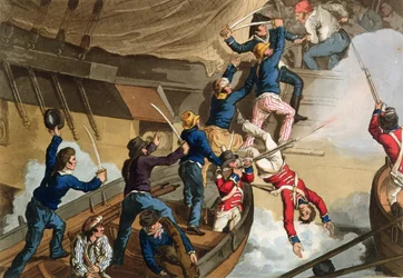 Brittiska sjömän som går ombord på en krigsman, graverad av Fry och Sutherland, från "Historic, Military and Naval Anecdotes", pub. av Edward Orme (1774-c.1820) 1815 (akvatint)