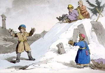 Children Going Down an Ice Hill, tallrik 38 från volym II av "Ryssarnas seder, seder och nöjen", etsat av konstnären, pub. 1804 (akvatint)