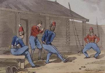 Kosackdans, tallrik 17 från volym I av "Ryssarnas seder, seder och nöjen", graverad av konstnären, pub. 1803 (akvatint)