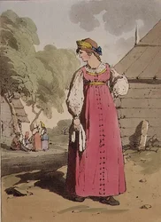 Bondflicka, tavla 27 från volym I av "The Manners, Customs and Amusements of the Russians", graverad av konstnären, publicerad i. 1803 (akvatint)