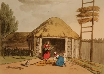 Sortering och torkning av hampa, tallrik 95 från volym III av "Ryssarnas seder, seder och nöjen", etsat av konstnären, pub. 1804 (akvatint)