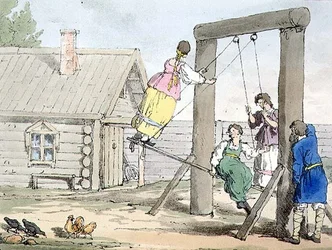 Gungan, tallrik 84 från volym III av "Ryssarnas seder, seder och nöjen", etsat av konstnären, pub. 1804 (akvatint)
