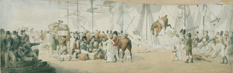 Inackordering av trupper och hästar i Margate (England), omkring 1800. Akvarell (17,8x54 cm) av John Augustus Atkinson (1775-1833), början av 1800-talet.