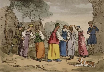 Village Amusements, skylt 82 från volym III av "Ryssarnas seder, seder och nöjen", graverad av konstnären, pub. 1804 (akvatint)