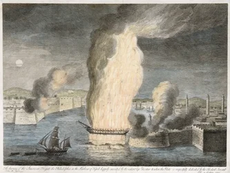 The Burning of the American Fregate [sic] Philadelphia i Tripolis hamn, 1805 (handfärgad linjegravering på lagt papper)