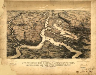 Fågelperspektiv över sammanflödet av floderna Ohio och Mississippi, med Kairo och en del av de södra delstaterna LOC 99447003