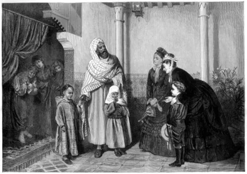 Presentation, engelska damer på besök i en morisk mans hus, 1875