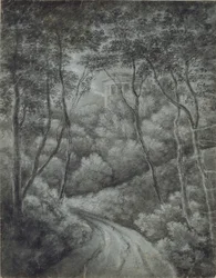 Landskap med en väg genom en skog och ett klassiskt tempel (mjuk grafit och vit krita på blått papper)