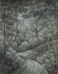 Landskap med en stig genom en skog och ett klassiskt tempel, sent 1700-tal.