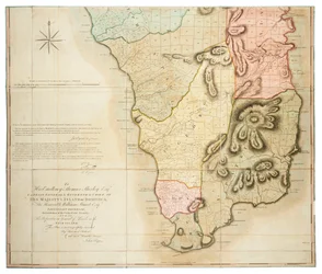 Plan över ön Dominica fastställd genom faktisk undersökning under ledning av de ärade kommissionärerna för försäljning av mark på de överlåtna öarna av John Byres Chief Surveyor 1776.