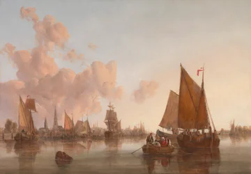 Segelbåtar och pråmar på en holländsk(?) mynning