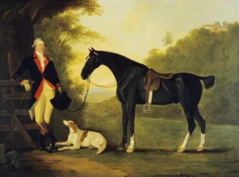 Officer av Royal Horse Guards med sin laddare och hund