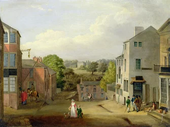 Gatubild i Chorley, Lancashire, med utsikt över Chorley Hall, ca 1790-1817