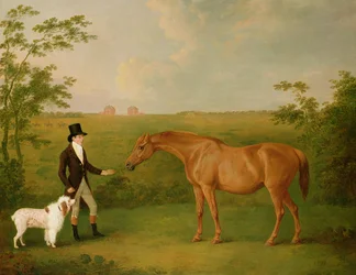 En gentleman med en vit hund och ett kastanjesto i ett landskap (olja på duk)
