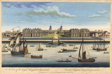 Vy över Royal Hospital i Greenwich, ca 1770 (etsning i färg)