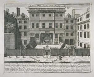 Utsikt över Justice Hall, Old Bailey, c.1740