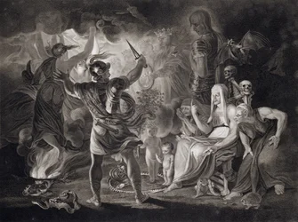 Macbeth, de tre häxorna och Hekate i akt IV, scen I i "Macbeth" av William Shakespeare (1564-1616), publicerad 1805.
