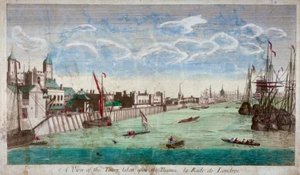 Utsikt över Tower of London med båtar på Themsen, 1751