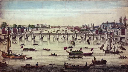 Westminster Bridge, blickande västerut, utgiven av J. Bowles, 1747
