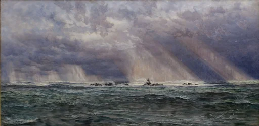En nordvästlig kuling utanför Longships fyr, 1873.