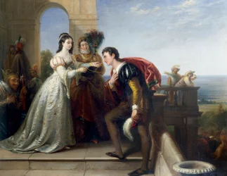 "Rosalinde et Orlando" Personnages de la piece de théâtre "Comme il vous plaira" de William Shakespeare. (Rosalind och Orlando, från Shakespeares "Som ni vill ha det") Peinture de John Bridges (1818-1854) Collection privee