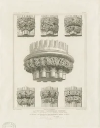 Interiör av Lichfield Cathedral - Klusterpelare i Chapter House och konsoler i Lady Chapel: gravyr, nd [c 1819] (tryck)