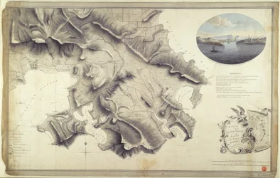 Plan över omgivningarna kring English Harbour och Monks Hill på ön Antigua, uppmätt och ritad av John Brown, lantmätare och ritare för armén i Västindien