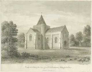 Butterton - St. Thomas"-kyrkan: sepiateckning, 1844