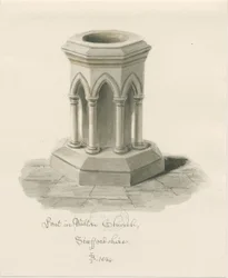 Typsnitt i Walton-on-the-Hill Church: sepiatvättteckning