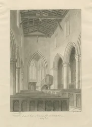 Interiör av Checkley Church: sepiateckning