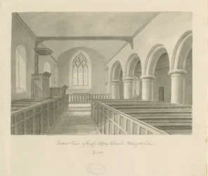 Interiör av High Offley Church: sepiateckning