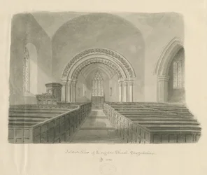 Interiör av Longdon Church: sepiateckning