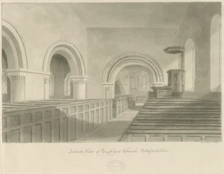 Interiör av Seighford Church: sepiateckning