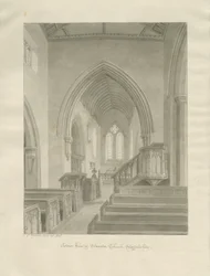 Interiör av Standon Church: sepiateckning