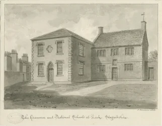 Leek Town - Grammar School: sepiateckning, 1844